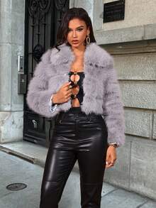 Women's Winter Solid Color Long Sleeve Fluffy Trim Cropped Jacket