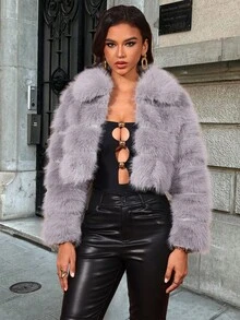 Women's Winter Solid Color Long Sleeve Fluffy Trim Cropped Jacket