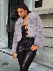 Women's Winter Solid Color Long Sleeve Fluffy Trim Cropped Jacket
