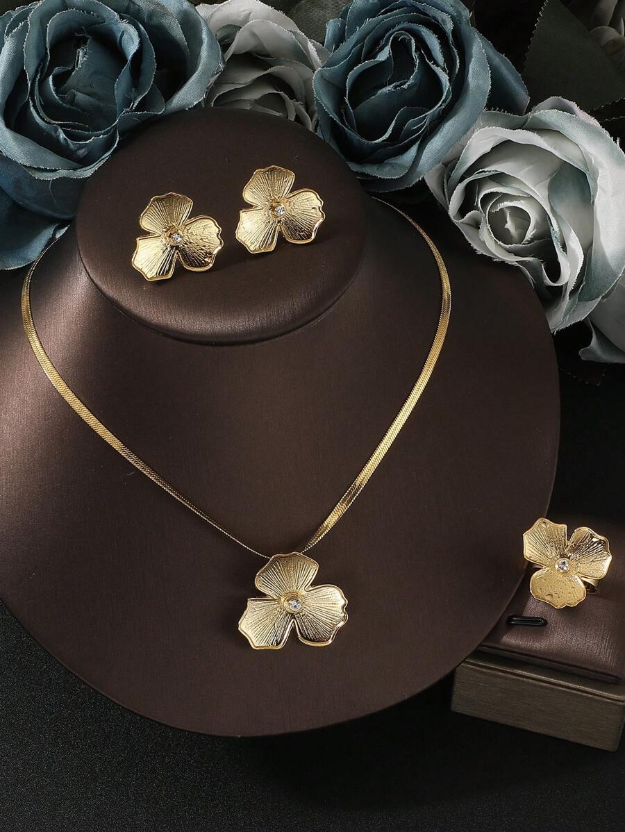 4 件套经典简约幸运花金色吊坠项链耳环戒指女士套装，不锈钢不褪色，适合日常佩戴情人节、妈妈、母亲、母亲节、礼物 - 金色 - 查看 1