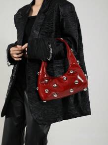 New Fashion Retro Red & Burgundy Rivet Decorated Crescent Shoulder Bag, Large Capacity Oil Wax Soft Leather Crossbody Bag For Office, Leisure & Travel, Autumn/Winter, Fashionable Burgundy Bag - Red - View 7