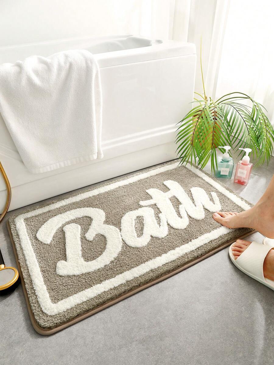 DAJIANG 1pc Extra Thick & Soft Microfiber Bathroom Rug With BATH Letter Cartoon Design, Anti-Slip TPR Backing, Machine Washable, For Living Room, Vanity, Bathtub, Shower, Sink - Bathroom Decor Entryway Decor