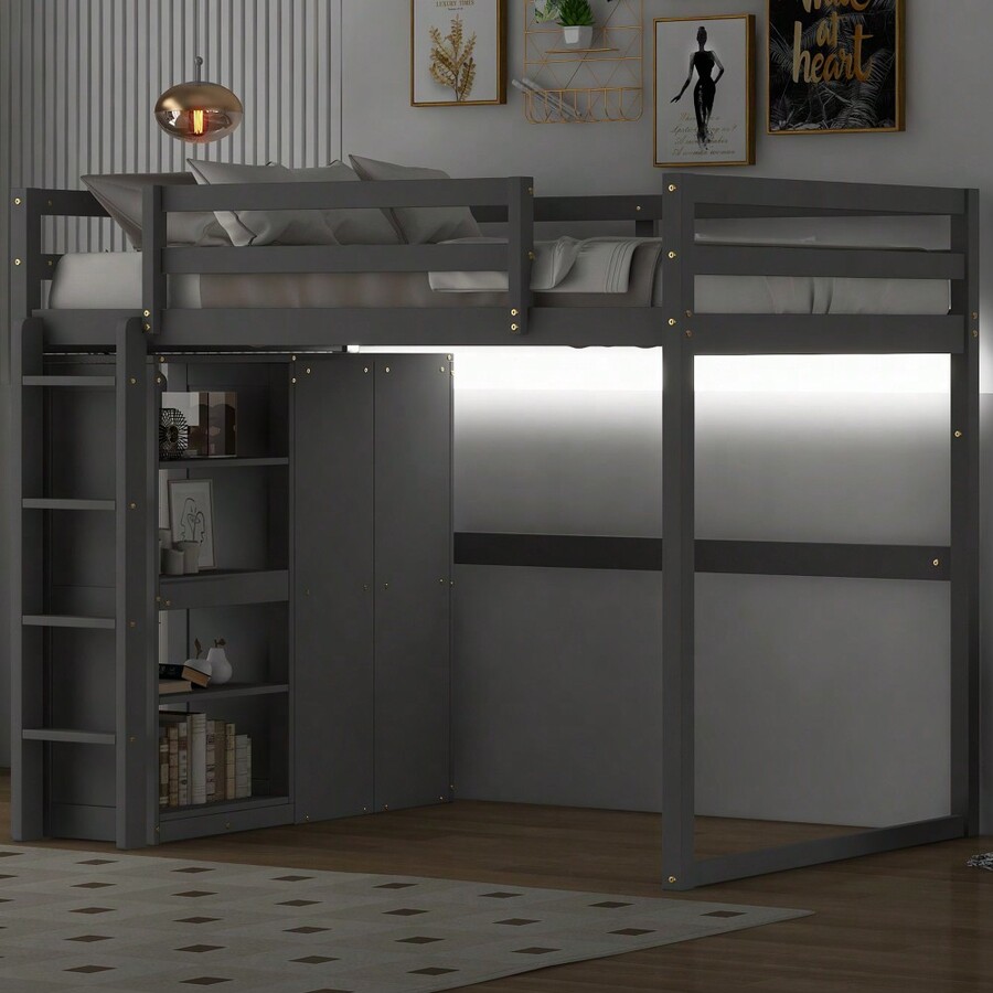 Wood Full Size Loft Bed With BuiltIn Wardrobe And Storage Shelves, Led