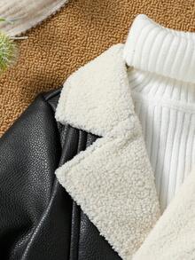 2024 年新款男婴毛绒 PU 皮夹克，儿童冬季保暖内衬外套 - 黑色 - 查看 5