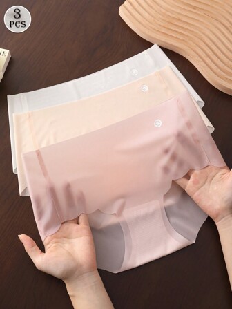 3 قطع من ملابس داخلية رياضية نسائية مزلقة وملساء من الحرير الجليدي، بخصر متوسط، رقيقة للغاية، مريحة وقابلة للتنفس