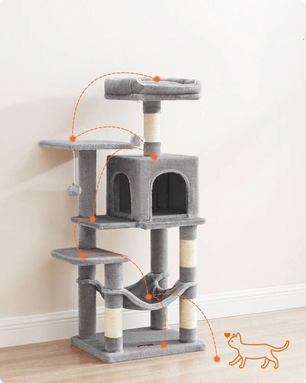Feandrea Arbre à Chat Hauteur 112 cm, Tour de Jeux pour Chats, avec 4 Poteaux à Griffer, 2 Plateformes, 1 Niche, 1 Hamac, 2 Pompons, en Tissu Peluche, Multi-Niveaux, Gris Clair