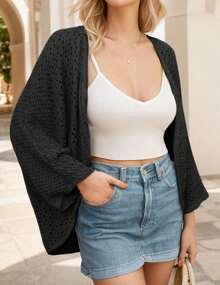 Open Front 3/4 Sleeve Bat Wing Cardigan For Women Lightweight Crochet Summer Cardigan Hollow-Out Coverups - màu đen - Xem 4