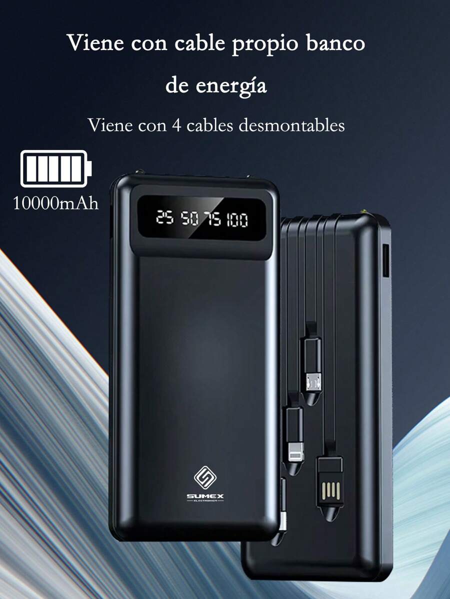 Cargador portátil, power bank de emergencia, 10000MAH, con cuatro cables de carga desmontables, con pantalla LED y luz LED, compatible con Apple y Android, - Multicolor - Ver 1