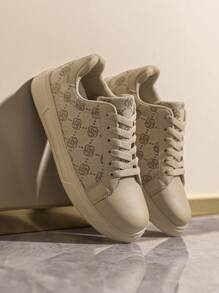 Chaussures de sport casual à lacets contrastés pour femmes, imprimé aléatoire, lettres, rayures vulcanisées, style vintage polyvalent