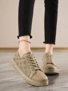 Chaussures de sport casual à lacets contrastés pour femmes, imprimé aléatoire, lettres, rayures vulcanisées, style vintage polyvalent