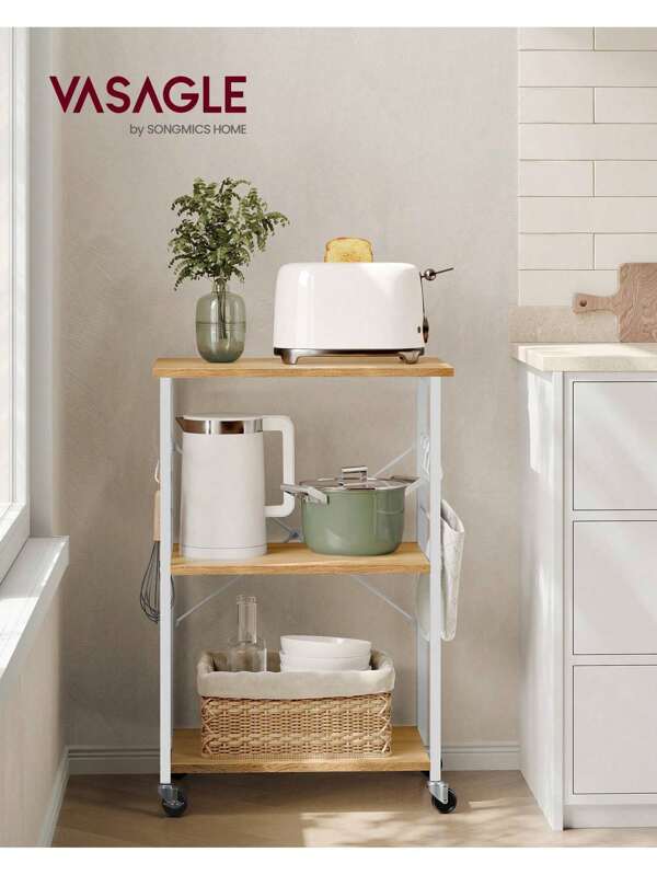 VASAGLE Estantería de Cocina con Ruedas, Carrito de Servicio de 3 Niveles, Estantería para Microondas, Horno, Tostadora, Marco de Metal con 6 Ganchos, Roble Dorado y Blanco Nube