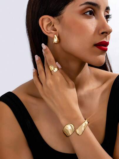 3 件套时尚闪亮金属泪珠创意环抱戒指手镯耳环女士首饰套装，厚重珠宝