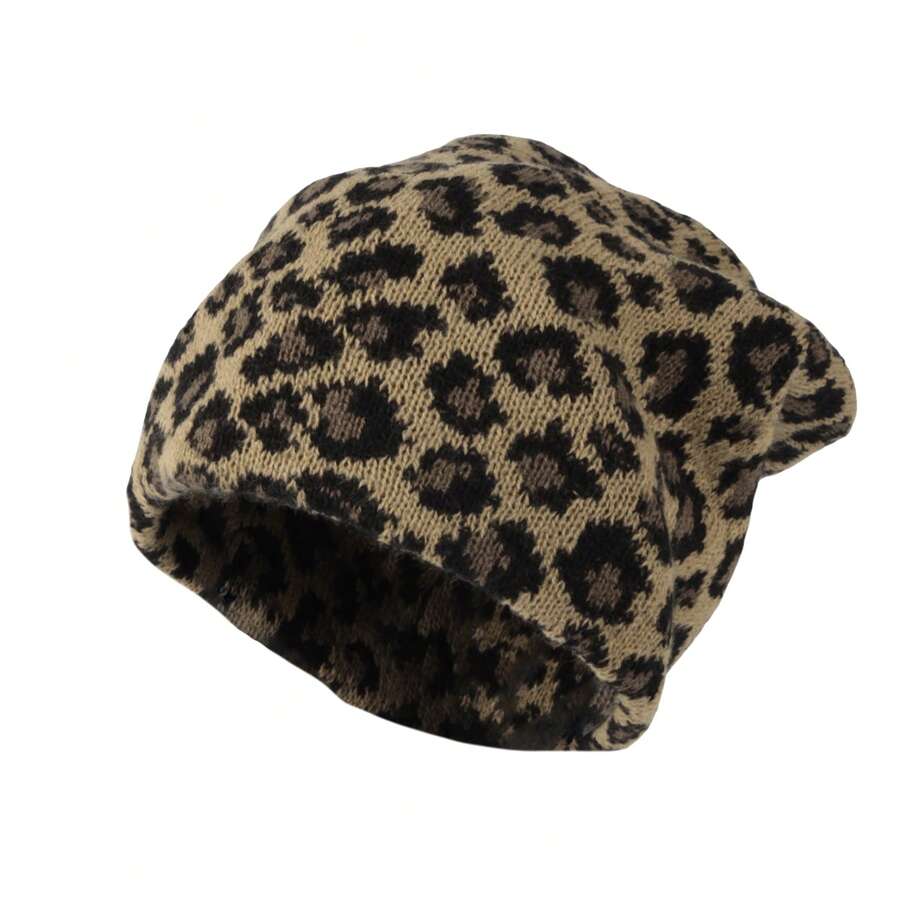 Knitted Beanie Leopard Pattern Hat Soft Warm Watch Cap - 棕色 - 查看 1