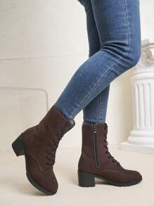 New Women Black Mid-Calf Boots, Thick Heel, Lace-Up Zip Closure, Fashion Slim Style, Comfortable & Warm For Autumn/Winter