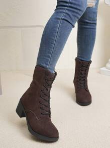 New Women Black Mid-Calf Boots, Thick Heel, Lace-Up Zip Closure, Fashion Slim Style, Comfortable & Warm For Autumn/Winter
