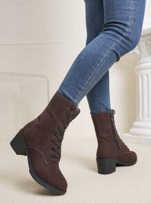 New Women Black Mid-Calf Boots, Thick Heel, Lace-Up Zip Closure, Fashion Slim Style, Comfortable & Warm For Autumn/Winter