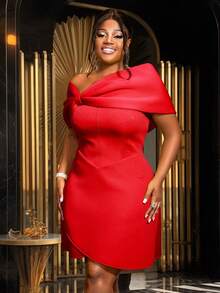 Robe de cocktail trapèze à encolure asymétrique avec nœud, robe de fête, robe pour invité de mariage, grande taille