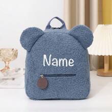 1pc Customized Embroidered Bear Day Care Travel Plush Backpack For 3-6 Years Old (Navy Blue)