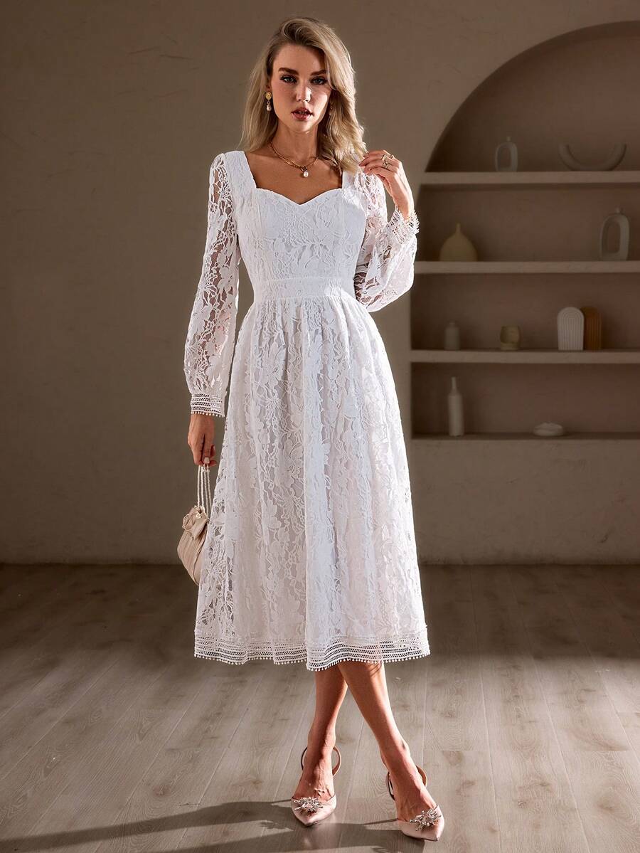 Simplee Váy ren trơn màu thanh lịch cho nữ cạp cao, ngày lễ tình nhân, váy dự tiệc - trắng - Xem 1