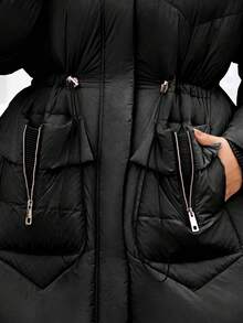 Astrid Plus Size Winter Casual Solid Color Drawstring Hooded Jacket - Black - View 7