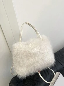 Yogodlns Ușoară, portabilă, pufoasă, moale, casual din pluș, geantă portabilă din pluș Y2K la modă, geantă de umăr originală unică la modă, geantă de mână simplă și versatilă pentru femei, fete, femei, studente.