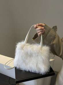 Yogodlns Ușoară, portabilă, pufoasă, moale, casual din pluș, geantă portabilă din pluș Y2K la modă, geantă de umăr originală unică la modă, geantă de mână simplă și versatilă pentru femei, fete, femei, studente.