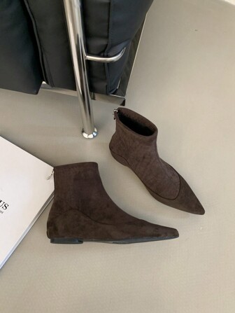 Damen Veloursleder Plateau Spitzschuh Reißverschluss Knöchel Stiefel