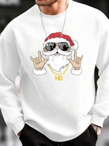加大码男士圣诞印花卫衣，秋冬圆领长袖休闲卫衣 - 白色 - 查看 1