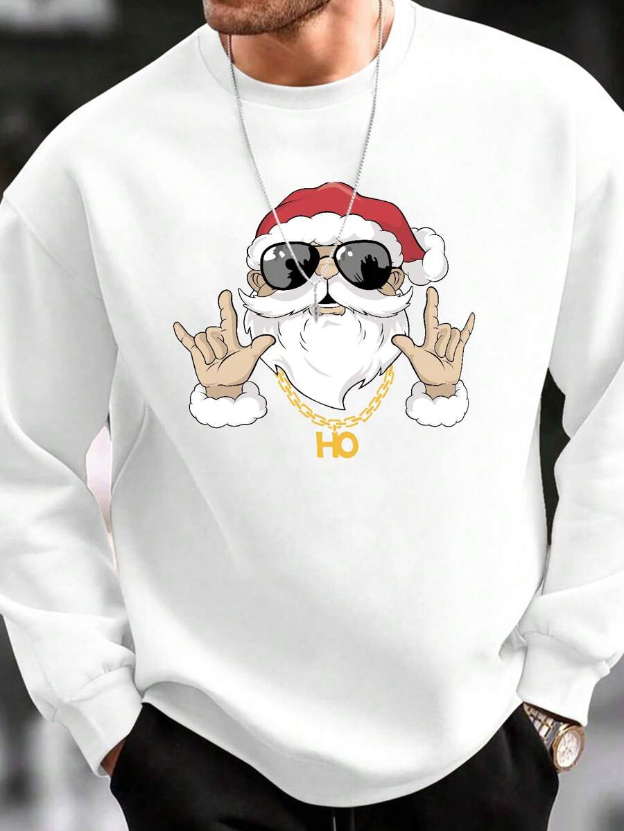 加大码男士圣诞印花卫衣，秋冬圆领长袖休闲卫衣 - 白色 - 查看 1