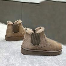 女士冬季雪地靴防寒保暖平底一脚蹬时尚保暖内衬短靴 - 卡其色 - 查看 3