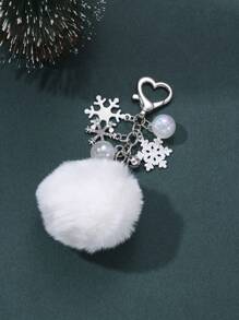 1pc Christmas Fuzzy Ball Snowflake Bell Alloy Keychain Love Pendant, Suitable For Bag, Car, As Christmas Gift For Women