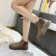 女士冬季雪地靴防寒保暖平底一脚蹬时尚保暖内衬短靴 - 卡其色 - 查看 2