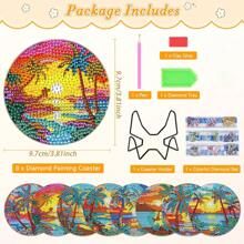 8 件/套日落海景、向日葵、复古汽车、星空、字母设计水钻彩绘杯垫、带支架的闪光钻石耐热饮料垫、适合初学者和成人的 DIY 杯垫工艺品、钻石艺术礼物 - 彩色 - 查看 2