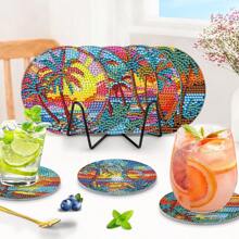 8 件/套日落海景、向日葵、复古汽车、星空、字母设计水钻彩绘杯垫、带支架的闪光钻石耐热饮料垫、适合初学者和成人的 DIY 杯垫工艺品、钻石艺术礼物 - 彩色 - 查看 7