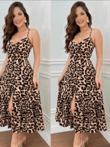 Long Crepe Dress With Padded Cups And Buttons H-1 - Brown - View 2