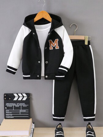男童两件套服装，字母印花棒球夹克，适合秋冬