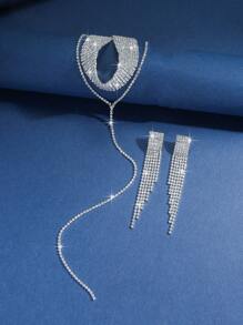 Juego de 3 piezas de estilo elegante de lujo, collar con forma de Y de varias capas y pendientes a juego en negro y blanco con flecos largos, decorados con brillantes rhinestones, apropiado para novias, accesorio exquisito para fiestas y bodas, regalo ideal