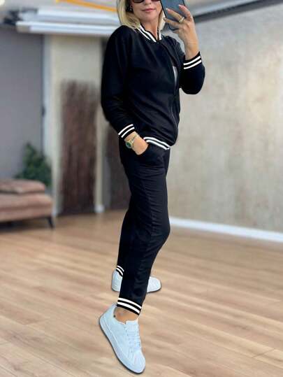 2pcs Women Sporty Outfit - Zip-Up Jacket And Casual Pants Set, Spring/Autumn