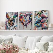 街头艺术涂鸦手绘爱心绘画浪漫之吻艺术品客厅礼物 3 件帆布墙画北欧家居装饰带框即挂海报和印刷品木制框架 - 厚度 1.5 厘米木制框架海报、墙壁艺术、房间装饰用品 - 彩色 - 查看 1