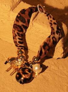 9 Peças em 1 Conjunto Colar de Contas com Estampa de Leopardo em Tecido, Fashionable & Único, Adequado para Festa Formal e Uso Diário de Mulheres - Cor leopardo marrom café - Visão 14