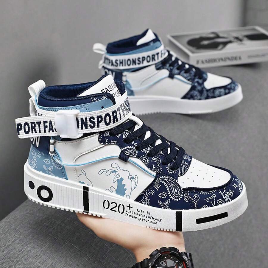 Men Fashion Casual Sneakers White Shoes With Personalized Graffiti Print, For Teenager Boys - Blue - View 1