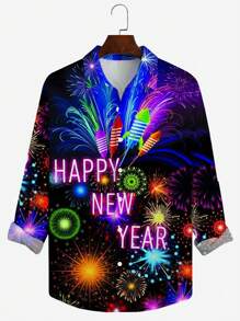 1 chiếc áo sơ mi dài tay cài nút in kỹ thuật số 3D pháo hoa cỡ lớn cho nam, dành cho tiệc Giáng sinh và năm mới - Nhiều màu - Xem 2