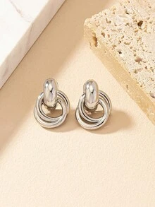 1pair Fashionable Minimalist Ins Style High-End Metal Ring Stud Earrings, Suitable For Women Daily Commute & Party Wear - Silver - View 5
