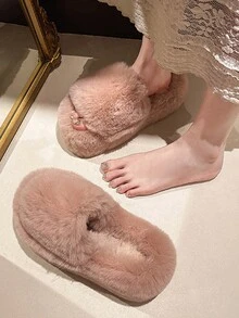 女士户外毛茸茸拖鞋 - 休闲蓬松厚底一脚蹬拖鞋，舒适厚底毛茸茸拖鞋，适合秋冬季，时尚优雅，适合居家和外出 - 粉色 - 查看 10