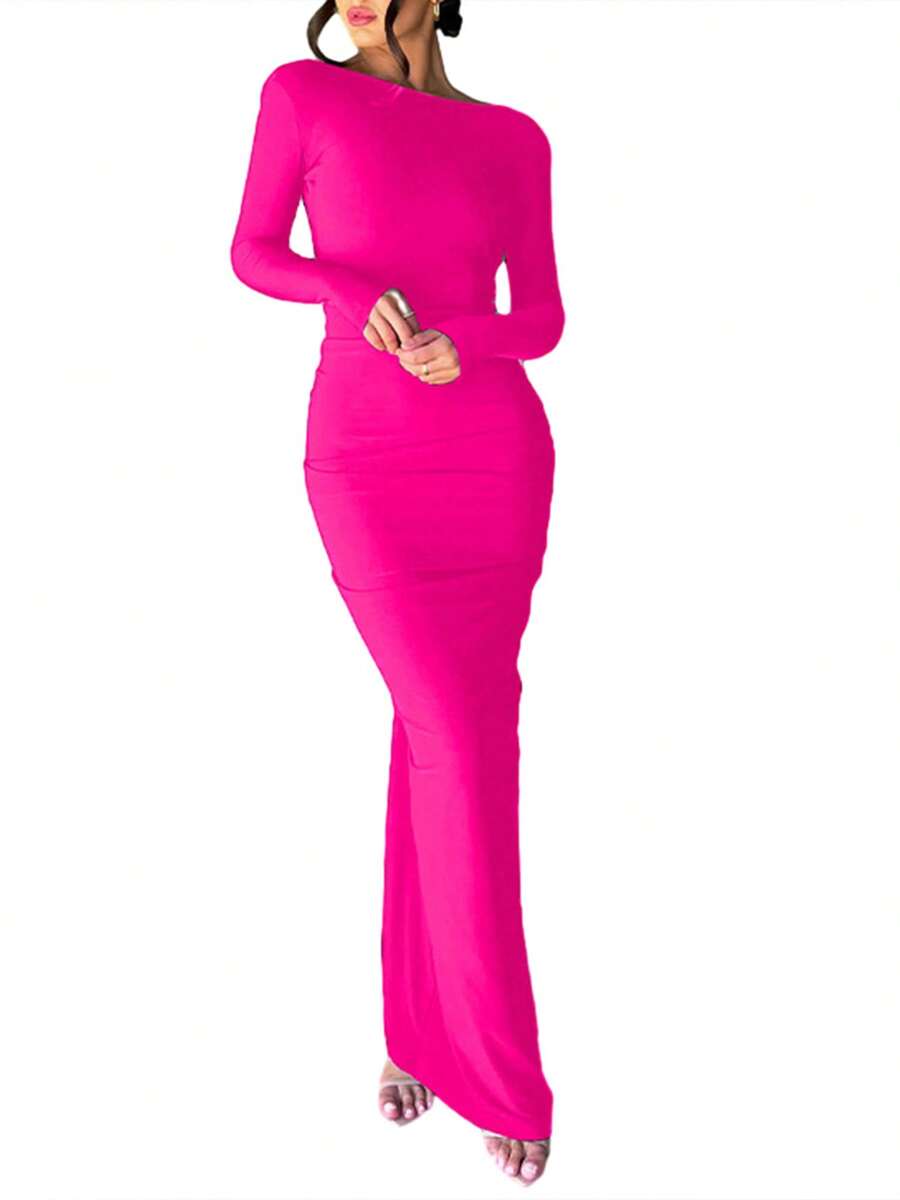 Women Long Bodycon Dress Solid Color Deep V-Neck Ruched Long Sleeve Dress Spring Fall Evening Party Dress - Hot Pink - View 1
