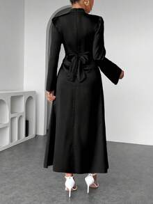 女士纯色圆领系带喇叭袖缎面优雅端庄长袖连衣裙，春秋季黑色 - 黑色 - 查看 5