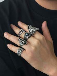 5pcs/Set Punk Gothic Style Sheep Skull And Black Gem Rings, Men Jewelry - Antique Silver - View 1