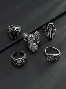 5pcs/Set Punk Gothic Style Sheep Skull And Black Gem Rings, Men Jewelry - Antique Silver - View 4