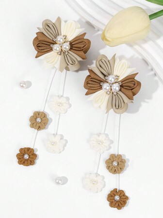 2pcs Flower Tassel Hair Clips For Girls Beige Brown Floral Alligator Clips With Pearl Adorable Girls Pigtail Bows Clips Barrettes Kids Hair Accessories