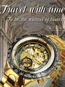 1 chiếc đồng hồ cơ tự động mặt vàng cổ điển dành cho nam có kim phát sáng dây đeo bằng thép không gỉ thời trang dành cho nam giới doanh nhân quà tặng sinh nhật lễ hội - Vàng - Xem 3